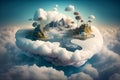 Floating islands in a sea of clouds surreal landscape illustration generative ai