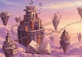 Floating islands with whimsical architecture, books, and musical notes create a Royalty Free Stock Photo