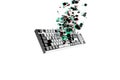 Floating keyboard keys create a dynamic visual of technology in mid-air