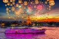 Floating lamp and Fireworks at Wat arun and cruise ship in sunset time under new year celebration Royalty Free Stock Photo