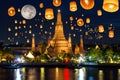 Floating lamp in yee peng festival under loy krathong day at wat arun, Full moon at night in bangkok city, Thailand