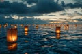 Floating Lanterns Illuminate the Water, A vast ocean with floating lanterns in memory of fallen soldiers on Memorial Day, AI