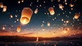 Illuminated wishes soar as floating lanterns grace the sky.AI Generated