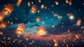 Illuminated wishes soar as floating lanterns grace the sky.AI Generated
