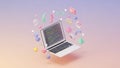 Floating Laptop with Colorful Coding Symbols and Geometric Shapes Royalty Free Stock Photo