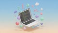 Floating Laptop with Colorful Coding Symbols and Geometric Shapes Royalty Free Stock Photo