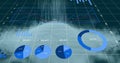 Floating large blue doughnut chart over grid floor, with streaming data column, copy space Royalty Free Stock Photo