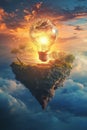 Floating Light Bulb Overworld with Nature and Vibrant Sunset Sky Royalty Free Stock Photo