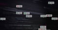 Floating likes, comments and metric icons glitching across dark digital interface, with code static Royalty Free Stock Photo