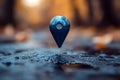 Floating location marker in an autumn path surrounded by trees in soft evening light Royalty Free Stock Photo