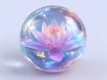 Floating lotus flower within a glowing, colored orb in space against a nebula backdrop - AI-Generated Royalty Free Stock Photo