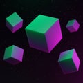Floating luminous cubes in space, each showcasing a gradient of green to purple. Th Royalty Free Stock Photo