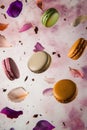 Floating Macarons and Petals: Whimsical Dessert Royalty Free Stock Photo