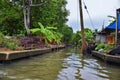 Floating Market by Bangkok Thailand, Damnoen Saduak. Views from tour boat of local sales shops, canals and vegetation landscape.