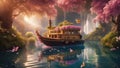 floating market A fantasy canal boat with a flower tree in a river of rainbows, with waterfalls, butterflies, Royalty Free Stock Photo