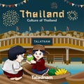 Floating market festival culture of thailand cute cartoon couple of kids character vector illustration Royalty Free Stock Photo