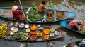 Floating market in Indonesia, selling organic produce, fruits, and fresh vegetables generative ai