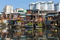 Floating market with reflection in water. Royalty Free Stock Photo