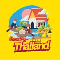 Floating market in Thailand with typographic. landmark of Thailand - vector illustration Royalty Free Stock Photo