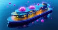 Floating medical hub using AI to analyze and predict global disease outbreaks, integrating advanced data systems and