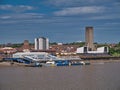 The floating Mersey Ferries terminal at Seacombe on Wirral, UK. On the right is a ventilation tower for the Kingsway road tunnel