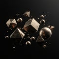 Floating metallic geometric shapes, including cubes, spheres, pyramids,