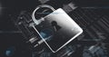 Floating metallic padlock glowing over virtual interface, featuring code snippets, waveform graphs Royalty Free Stock Photo