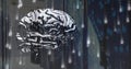Floating metallic stylized brain drifting within virtual environment, with streams of binary code Royalty Free Stock Photo