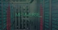 Floating METAVERSE text hovering over server racks in data center aisle with binary code overlay Royalty Free Stock Photo