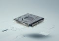Floating microchip with intricate circuit design, symbolizing technology and innovation