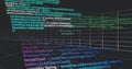 Floating monospaced code and wire grid receding left in 3D, showing green waveform and planes Royalty Free Stock Photo