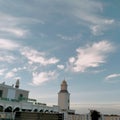 The floating mosque built on the sea looks beautiful with clear weather, blue skies and beautiful clouds Royalty Free Stock Photo