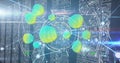 Floating multicolored holographic spheres in data interface, with network lines and circuit boards Royalty Free Stock Photo
