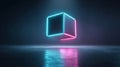 Floating neon cube in a dark ambient setting with reflections Royalty Free Stock Photo
