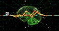 Floating neon-green brain mesh drifting on grid, with multicolored waveform, labels, crosshairs Royalty Free Stock Photo