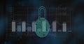 Floating neon-green fingerprint padlock over digital chart interface, with chart bars, line graph Royalty Free Stock Photo