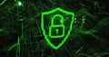 Floating neon green pixel shield bearing lock icon hovering in virtual space with glowing mesh dots Royalty Free Stock Photo