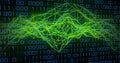 Floating neon green wireframe mesh weaving through binary code grid, with data visualization theme Royalty Free Stock Photo