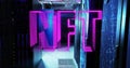 Floating neon pink NFT hologram hovering in server corridor, with blinking lights and network nodes Royalty Free Stock Photo