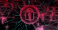 Floating neon pink padlock icon glowing rings in virtual network, with red grid and teal streams Royalty Free Stock Photo