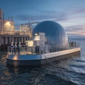 Floating Nuclear Small Modular Reactors: 'A sleek SMR barge moored offshore, its containment dome under soft spotlight Royalty Free Stock Photo