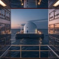 Floating Nuclear Small Modular Reactors: 'A sleek SMR barge moored offshore, its containment dome under soft spotlight Royalty Free Stock Photo