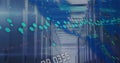 Floating numeric readouts dancing across server racks in data center corridor, network analytics Royalty Free Stock Photo