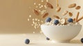 Floating oatmeal with blueberries, cinnamon, almonds and honey in a bowl on a beige background. Healthy breakfast