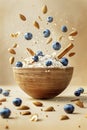 Floating oatmeal with blueberries, cinnamon, almonds and honey in a bowl on a beige background. Healthy breakfast Royalty Free Stock Photo