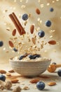 Floating oatmeal with blueberries, cinnamon, almonds and honey in a bowl on a beige background. Healthy breakfast Royalty Free Stock Photo