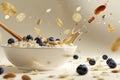 Floating oatmeal with blueberries, cinnamon, almonds and honey in a bowl on a beige background. Healthy breakfast Royalty Free Stock Photo