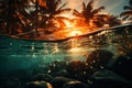 Floating ocean and palm tree snapshots in harmony, summer landscape image