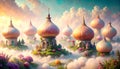 Floating onion-domed buildings on misty hills Royalty Free Stock Photo
