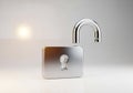 A floating, open silver padlock against a minimalist, light gray Royalty Free Stock Photo